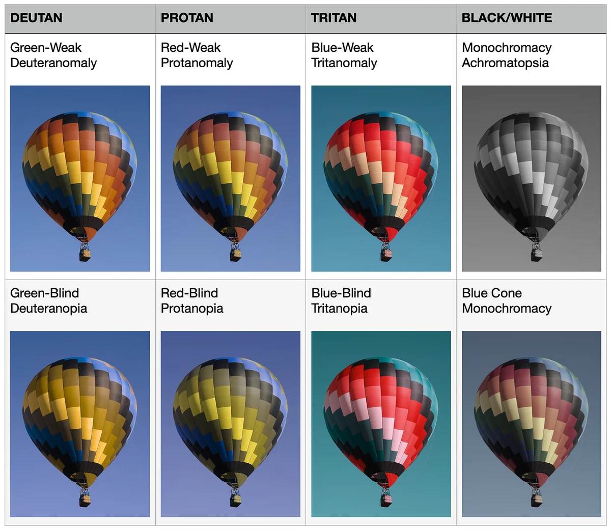 The same balloon photo simulated for different types of color blindness